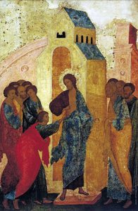 Уверение Фомы. Дионисий и мастерская. Около 1500 г. Дерево, левкас, темпера. 85 x 54 x 3,7. Происходит из праздничного ряда иконостаса Троицкого собора Павлово-Обнорского монастыря. Экспонирование: Михайловский дворец. Зал 3. Древнерусское искусство ХII‒XVII веков. Андрей Рублев.
